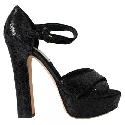 Dolce & Gabbana Black Sequin Ankle Strap Heels Sandals Shoes - SMARTMARTNZ