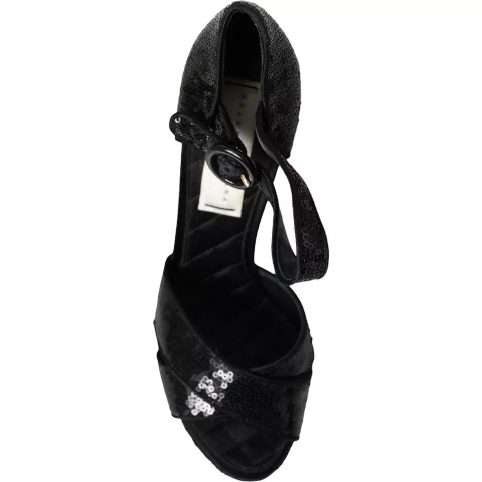 Dolce & Gabbana Black Sequin Ankle Strap Heels Sandals Shoes - SMARTMARTNZ