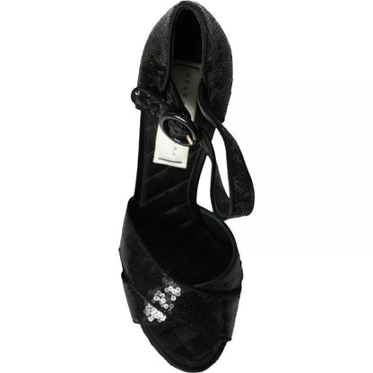 Dolce & Gabbana Black Sequin Ankle Strap Heels Sandals Shoes - SMARTMARTNZ
