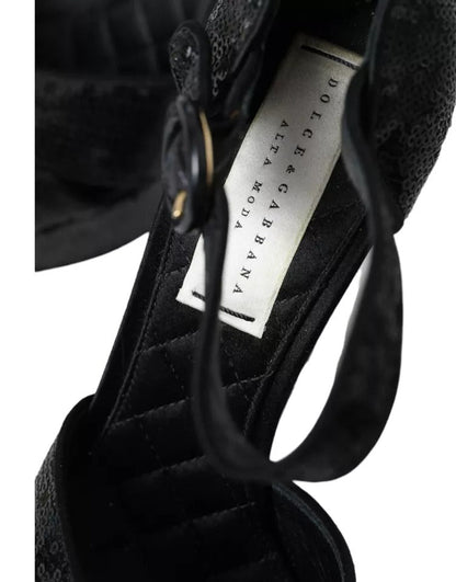 Dolce & Gabbana Black Sequin Ankle Strap Heels Sandals Shoes - SMARTMARTNZ