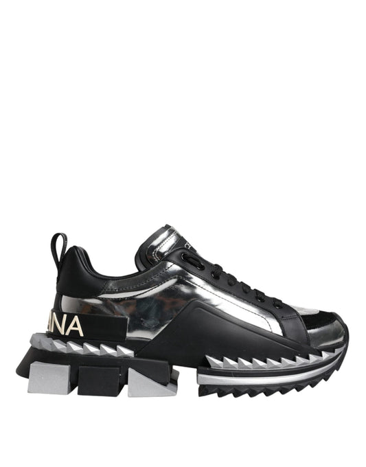 Dolce & Gabbana Black Silver SUPER KING Leather Sneaker Shoes - SMARTMARTNZ