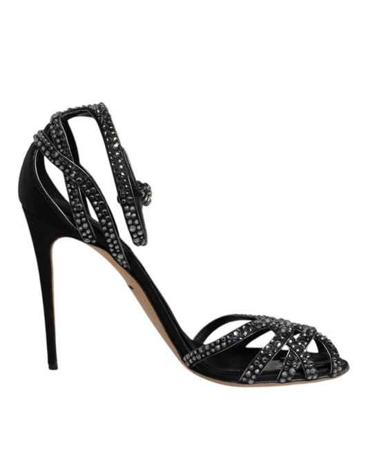 Dolce & Gabbana Black Strass Ankle Strap Heels Sandals Shoes - SMARTMARTNZ