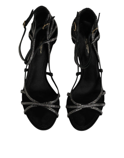 Dolce & Gabbana Black Strass Ankle Strap Heels Sandals Shoes - SMARTMARTNZ