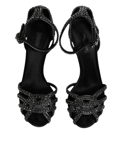 Dolce & Gabbana Black Strass Ankle Strap Heels Sandals Shoes - SMARTMARTNZ