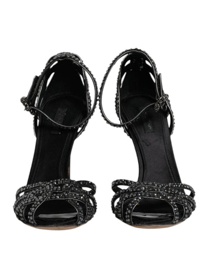 Dolce & Gabbana Black Strass Ankle Strap Heels Sandals Shoes - SMARTMARTNZ