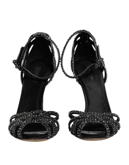 Dolce & Gabbana Black Strass Ankle Strap Heels Sandals Shoes - SMARTMARTNZ