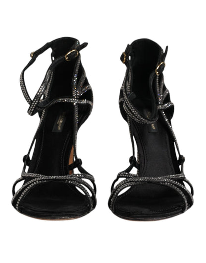 Dolce & Gabbana Black Strass Ankle Strap Heels Sandals Shoes - SMARTMARTNZ