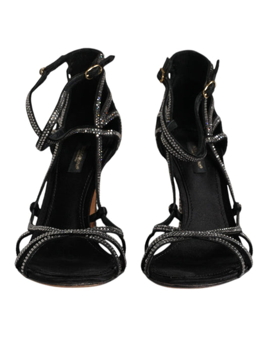 Dolce & Gabbana Black Strass Ankle Strap Heels Sandals Shoes - SMARTMARTNZ