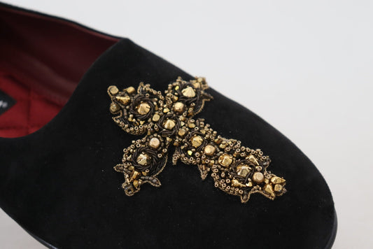 Dolce & Gabbana Black Suede Gold Cross Slip On Loafers Shoes - SMARTMARTNZ