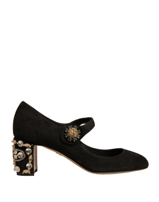 Dolce & Gabbana Black Suede Jewelled Mary Jane Pumps Shoes - SMARTMARTNZ