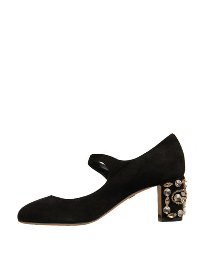 Dolce & Gabbana Black Suede Jewelled Mary Jane Pumps Shoes - SMARTMARTNZ