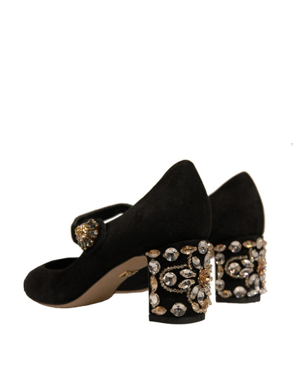 Dolce & Gabbana Black Suede Jewelled Mary Jane Pumps Shoes - SMARTMARTNZ