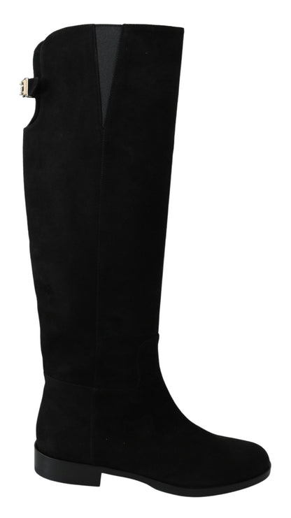 Dolce & Gabbana Black Suede Knee High Flat Boots Shoes - SMARTMARTNZ
