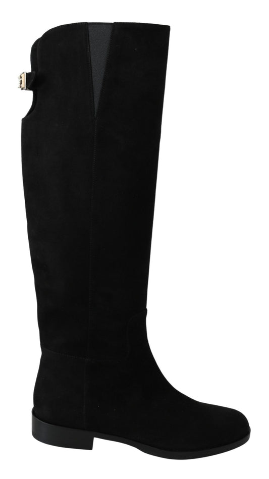 Dolce & Gabbana Black Suede Knee High Flat Boots Shoes - SMARTMARTNZ
