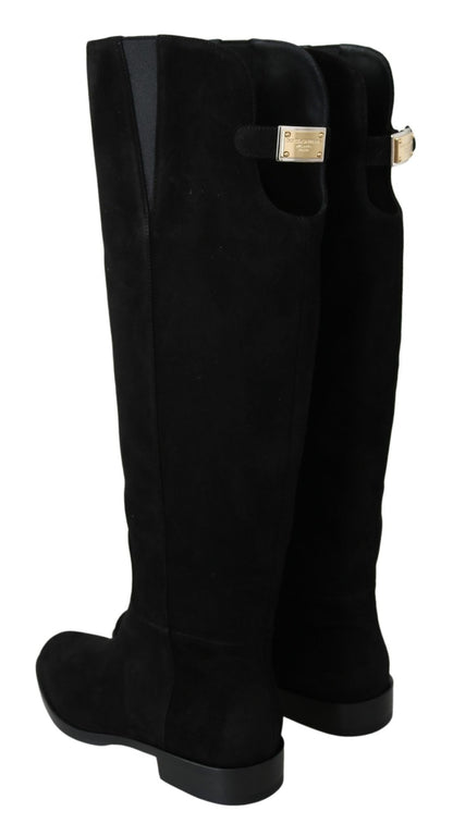 Dolce & Gabbana Black Suede Knee High Flat Boots Shoes - SMARTMARTNZ