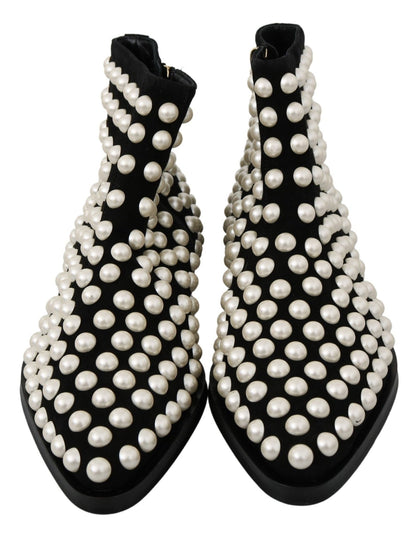 Dolce & Gabbana Black Suede Pearl Studs Boots Shoes - SMARTMARTNZ