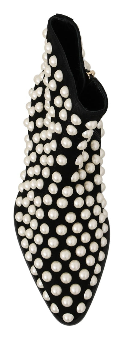 Dolce & Gabbana Black Suede Pearl Studs Boots Shoes - SMARTMARTNZ