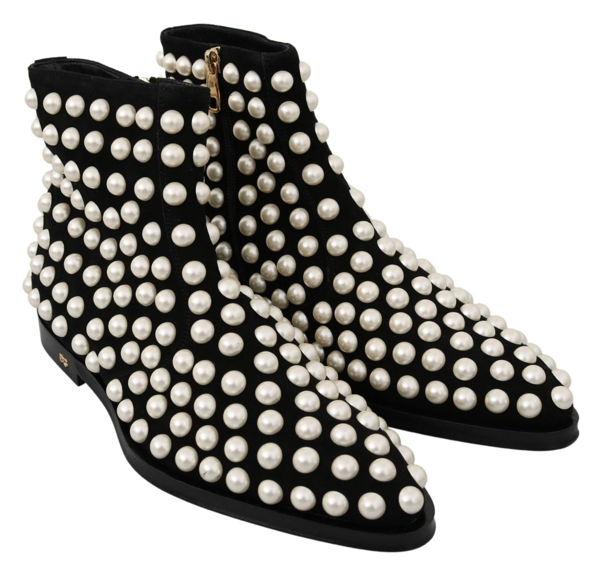 Dolce & Gabbana Black Suede Pearl Studs Boots Shoes - SMARTMARTNZ