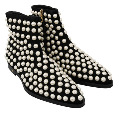 Dolce & Gabbana Black Suede Pearl Studs Boots Shoes - SMARTMARTNZ
