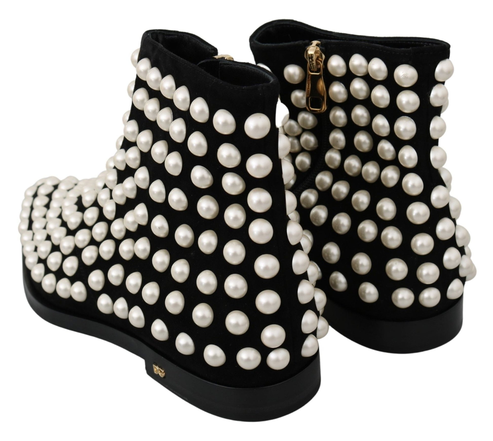 Dolce & Gabbana Black Suede Pearl Studs Boots Shoes - SMARTMARTNZ