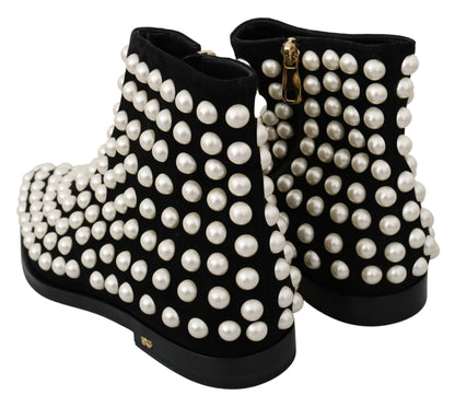 Dolce & Gabbana Black Suede Pearl Studs Boots Shoes - SMARTMARTNZ
