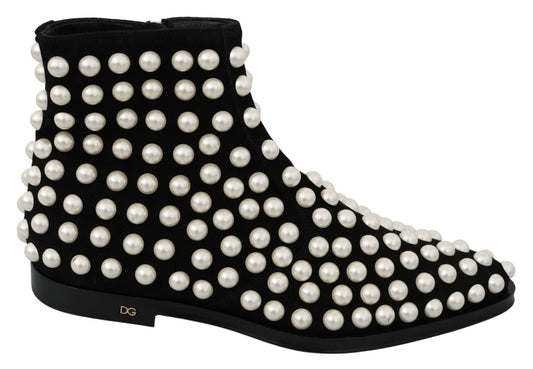 Dolce & Gabbana Black Suede Pearl Studs Boots Shoes - SMARTMARTNZ