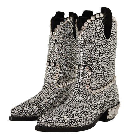Dolce & Gabbana Black Suede Strass Crystal Cowgirl Boots - SMARTMARTNZ