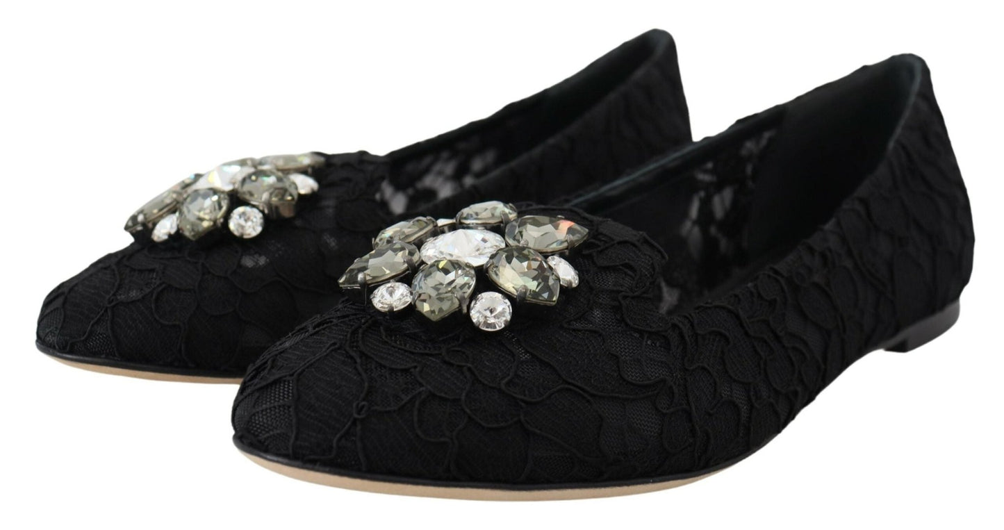 Dolce & Gabbana Black Taormina Lace Crystals Flats Shoes - SMARTMARTNZ