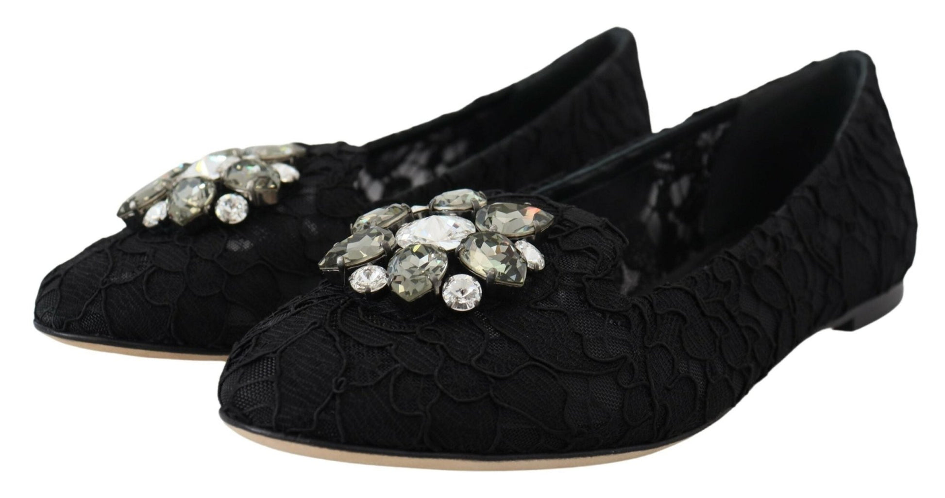 Dolce & Gabbana Black Taormina Lace Crystals Flats Shoes - SMARTMARTNZ