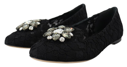 Dolce & Gabbana Black Taormina Lace Crystals Flats Shoes - SMARTMARTNZ