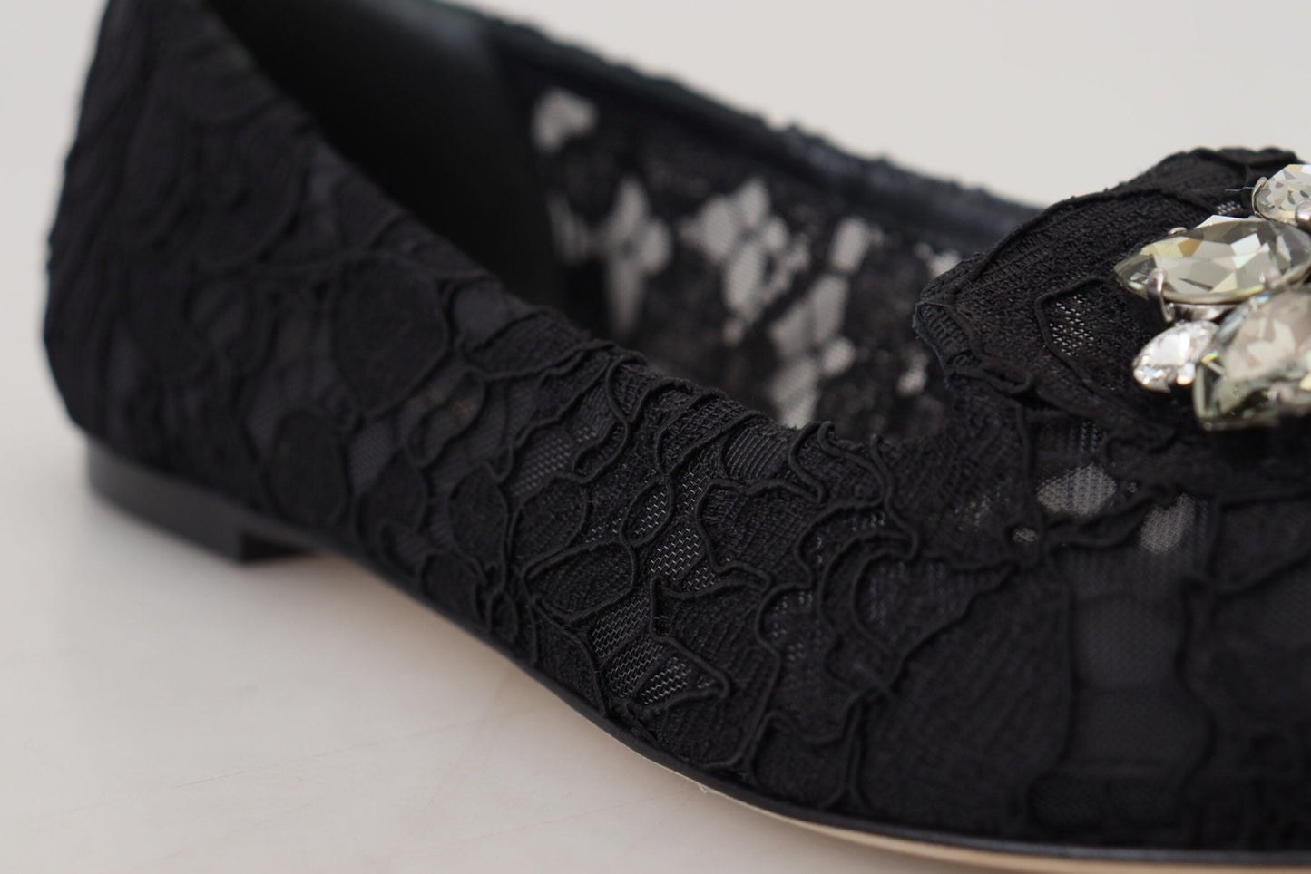 Dolce & Gabbana Black Taormina Lace Crystals Flats Shoes - SMARTMARTNZ
