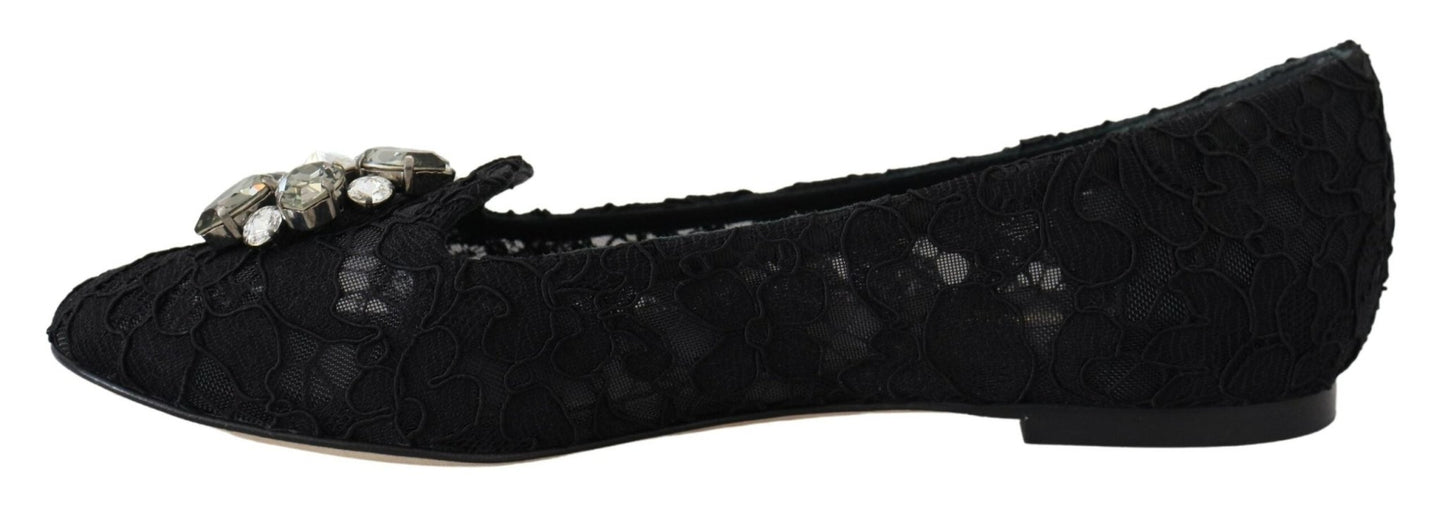 Dolce & Gabbana Black Taormina Lace Crystals Flats Shoes - SMARTMARTNZ
