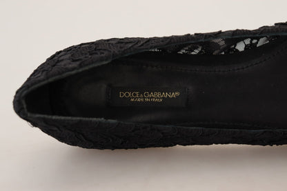 Dolce & Gabbana Black Taormina Lace Crystals Flats Shoes - SMARTMARTNZ