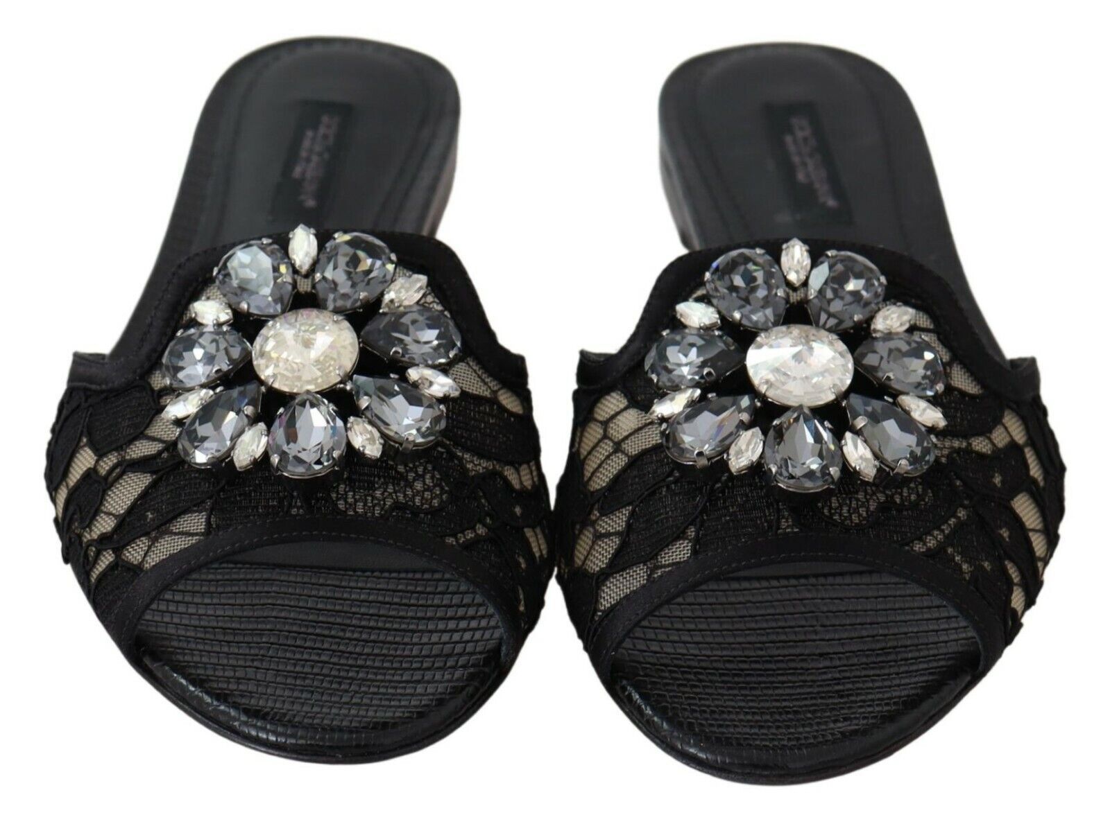 Dolce & Gabbana Black Taormina Lace Slides Crystals Flats Shoes - SMARTMARTNZ