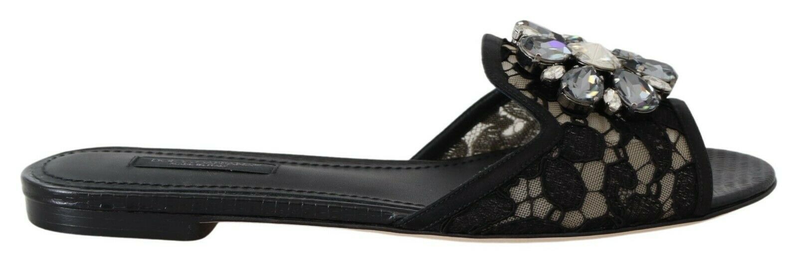 Dolce & Gabbana Black Taormina Lace Slides Crystals Flats Shoes - SMARTMARTNZ