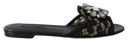 Dolce & Gabbana Black Taormina Lace Slides Crystals Flats Shoes - SMARTMARTNZ