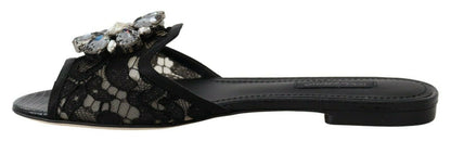 Dolce & Gabbana Black Taormina Lace Slides Crystals Flats Shoes - SMARTMARTNZ