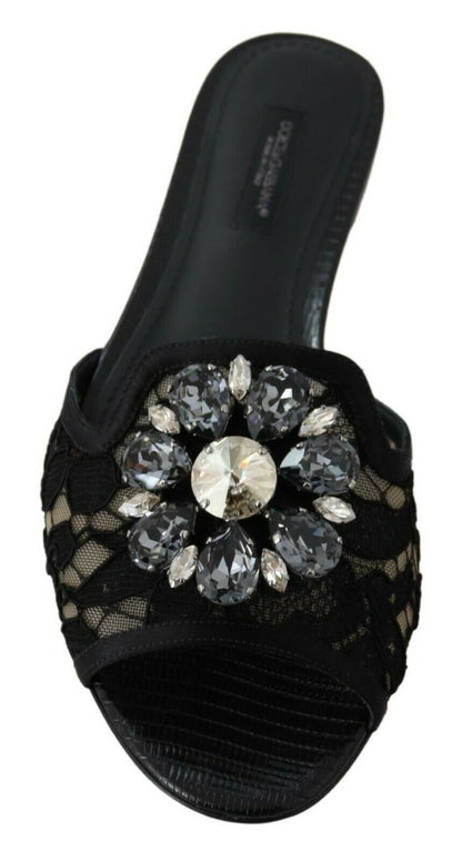 Dolce & Gabbana Black Taormina Lace Slides Crystals Flats Shoes - SMARTMARTNZ