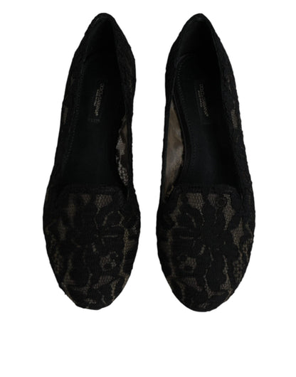 Dolce & Gabbana Black Taormina Lace Slip On Flats Shoes - SMARTMARTNZ