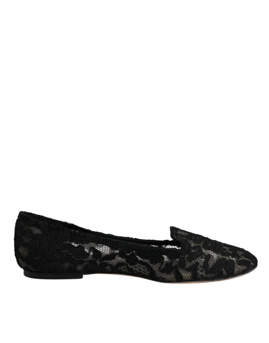 Dolce & Gabbana Black Taormina Lace Slip On Flats Shoes - SMARTMARTNZ