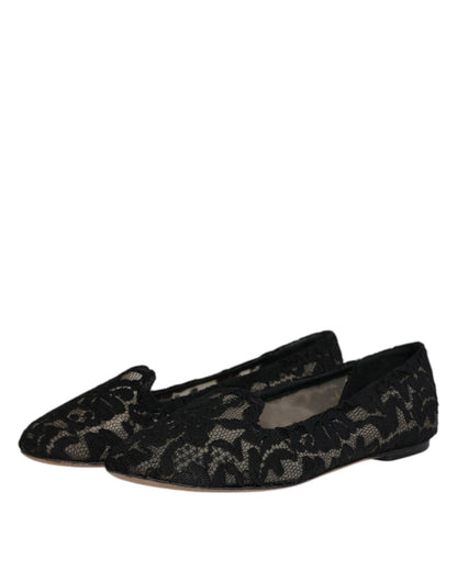 Dolce & Gabbana Black Taormina Lace Slip On Flats Shoes - SMARTMARTNZ