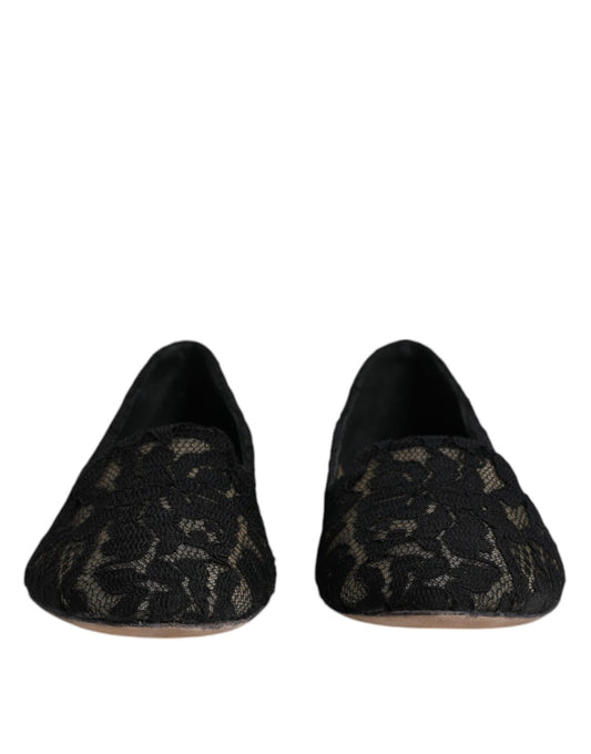 Dolce & Gabbana Black Taormina Lace Slip On Flats Shoes - SMARTMARTNZ