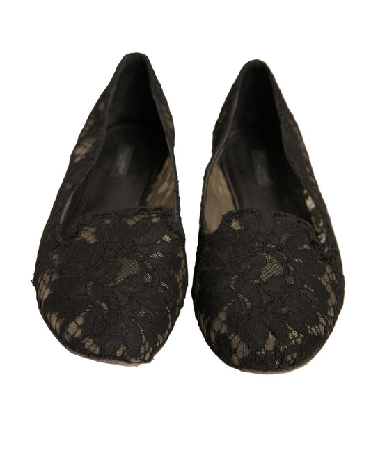 Dolce & Gabbana Black Taormina Lace Slip On Flats Shoes - SMARTMARTNZ