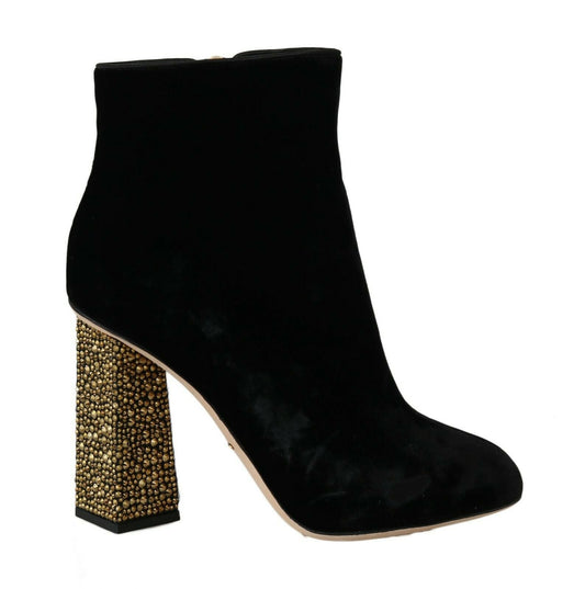 Dolce & Gabbana Black Velvet Crystal Square Heels Shoes - SMARTMARTNZ