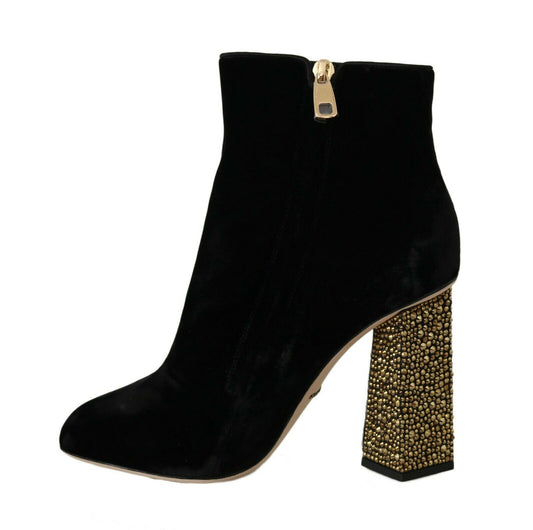 Dolce & Gabbana Black Velvet Crystal Square Heels Shoes - SMARTMARTNZ
