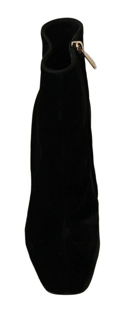 Dolce & Gabbana Black Velvet Crystal Square Heels Shoes - SMARTMARTNZ