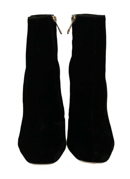 Dolce & Gabbana Black Velvet Crystal Square Heels Shoes - SMARTMARTNZ