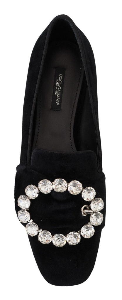 Dolce & Gabbana Black Velvet Crystals Loafers Flats Shoes - SMARTMARTNZ