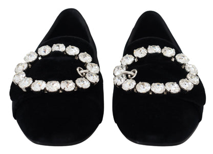 Dolce & Gabbana Black Velvet Crystals Loafers Flats Shoes - SMARTMARTNZ