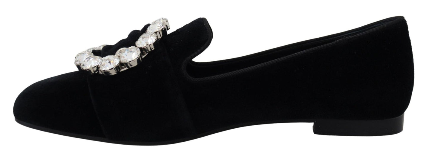Dolce & Gabbana Black Velvet Crystals Loafers Flats Shoes - SMARTMARTNZ